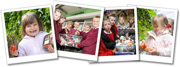Image of children shooping and with fresh food